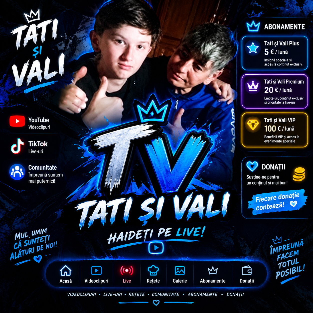 Banner oficial Tati și Vali cu fotografia voastră, logo TV și abonamente